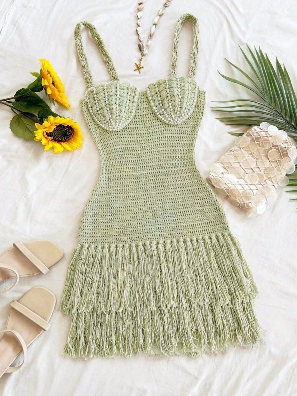 Sexy Women's Shell-Shaped Bustier Tassel Hem Spaghetti Strap Bodycon Mini Dress